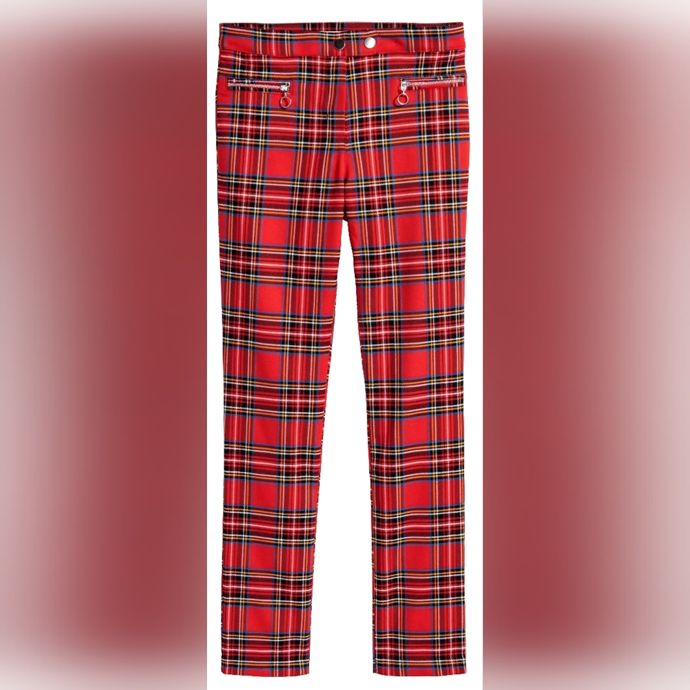 H & M Red Plaid Pants Girls Size 8 Zipper Pockets Punk Rock